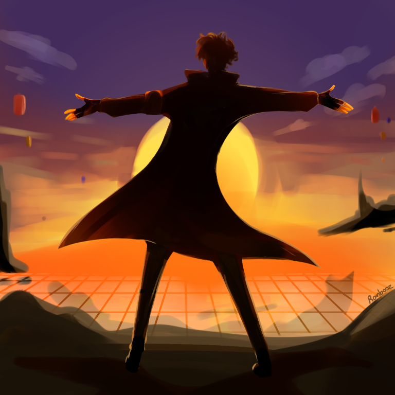 A drawing of Revivedbur standing on a hill overlooking the glass-covered L'manberg crater and watching the sunrise with his arms spread as if he were greeting an old friend.